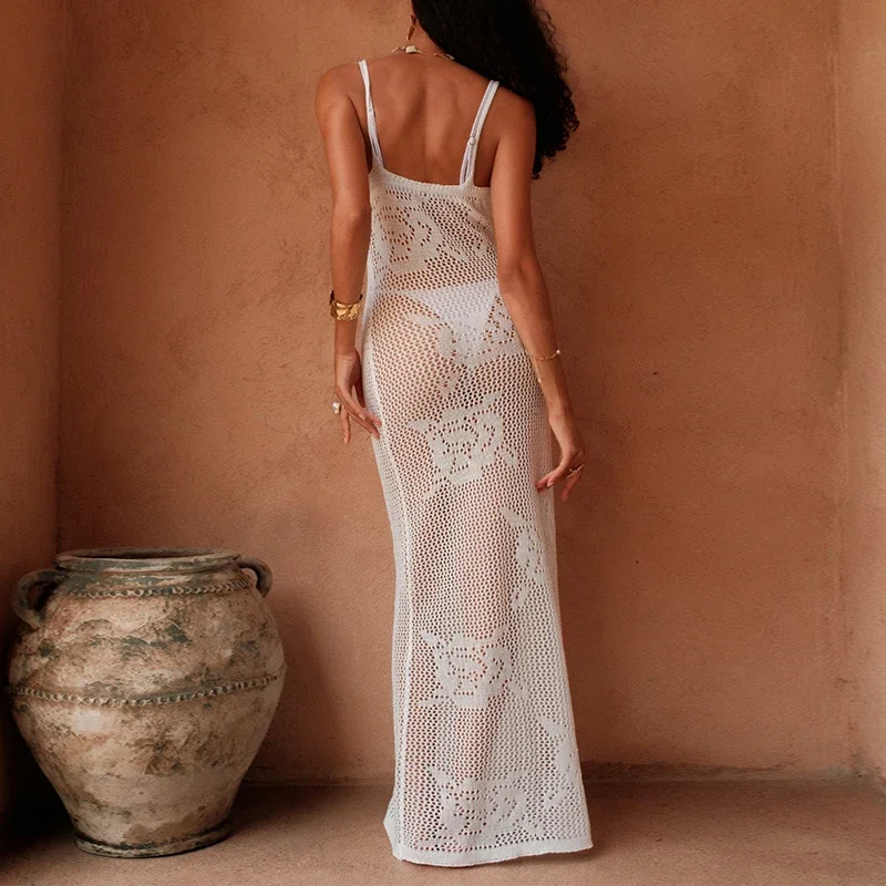 BWQ Neue Stil Einfarbig Stricken Textur Slip Kleid frauen Strand Urlaub Cover Up Aushöhlen Mode Elegante Lange Kleid