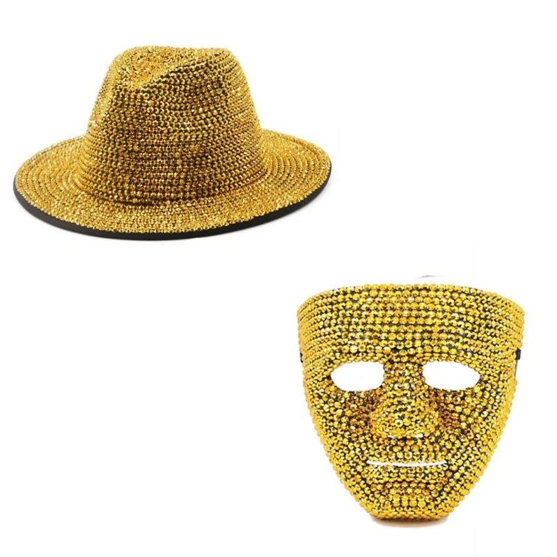 Full Rhinestones Hat Mask Costume Set Musical Festival Cosplay Party Dress Up