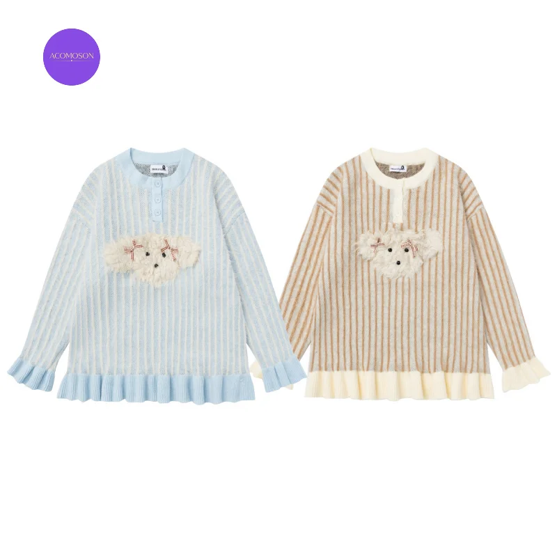 ACOMOSON EU US Size Sweet Girl Sweater With 3D Plush Puppy Women Striped Polo Collar Ruffled Casual Knit Pullover Sweater