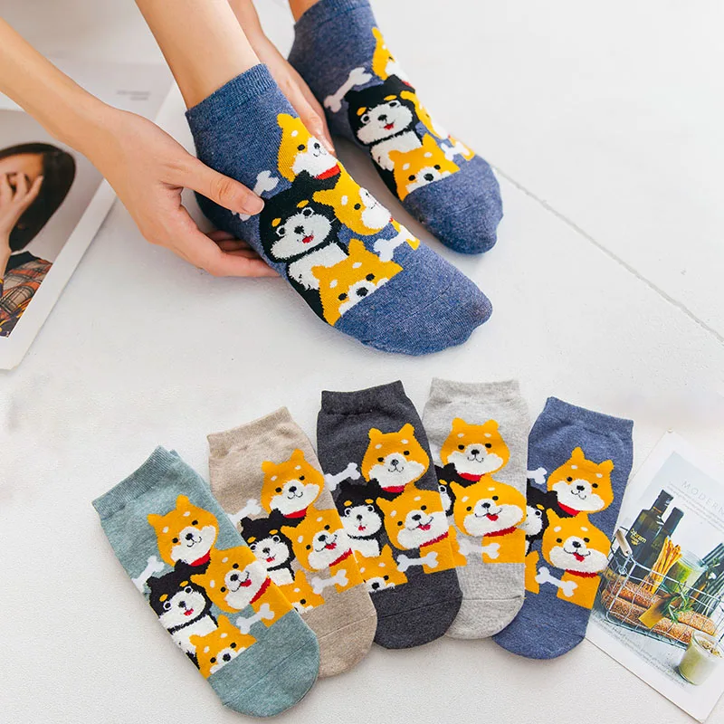 5 Pairs Mode Frühling Herbst Frauen Casual Lustige Socken Kawaii Baumwolle Cartoon Hunde Nettes Mädchen Glücklich Atmungsaktive Low Cut Ankle socken
