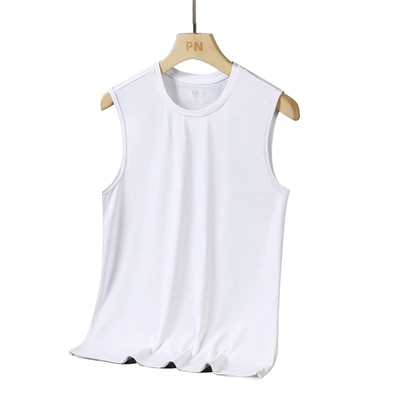 ฤดูร้อนใหม่คุณภาพสูงผ้าไหมน้ําแข็งแห้งเร็วรอบคอ Camisole เสื้อยืดกีฬากลางแจ้งผู้ชายแขนกุด