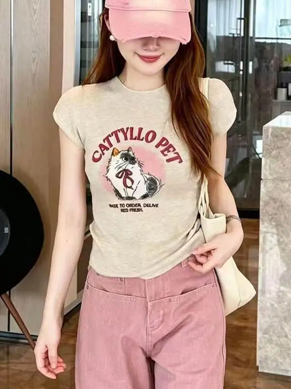 

Summer New Women's Knitted Ice Silk Short Sleeve T-shirt round Neck Design Casual Style Soft Comfortable Fit Body Cartoon ...
