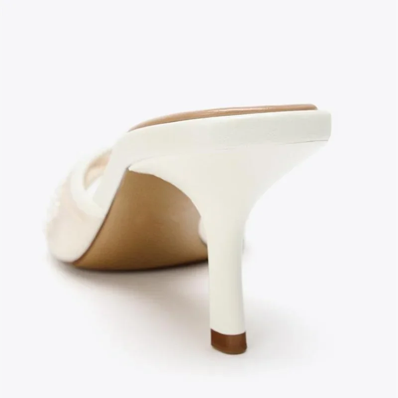 الفاخرة التطريز سلسلة حبة تزيين النعال النساء موضة أشار تو اللمحة تو كعب رقيقة صندل الشريحة شبكة مريحة Zapatos Mujer