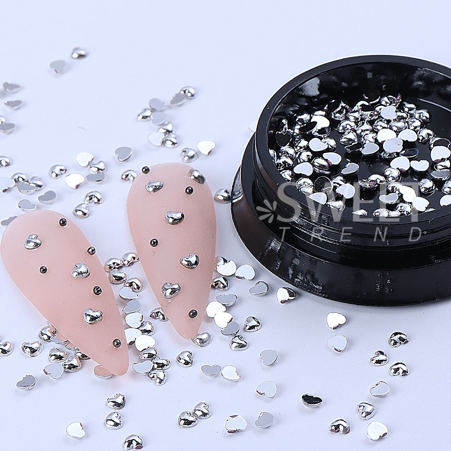 1 صندوق الفضة القلب مسمار الفن الديكور ثلاثية الأبعاد المعادن شقة القلب الحب سحر مجوهرات أظافر لوازم الأظافر الفاخرة DIY بها بنفسك مانيكير الملحقات