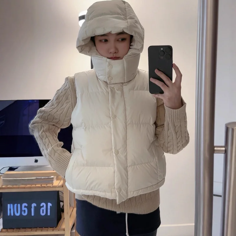 سترة نسائية بغطاء رأس منتفخة قصيرة خفيفة الوزن دافئة مبطنة بدون أكمام جاكيت مريح لملابس الشتاء الخارجية غير الرسمية للاستخدام اليومي بأربعة أنماط شبكية #1