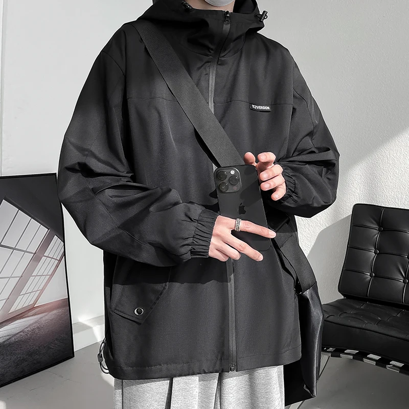 New Men's 2024 Spring Autumn Casual Hooded Jackets Outwear Black Color Loose Coat Outdoor Windbreaker Oversized M-5XL Top Parkas