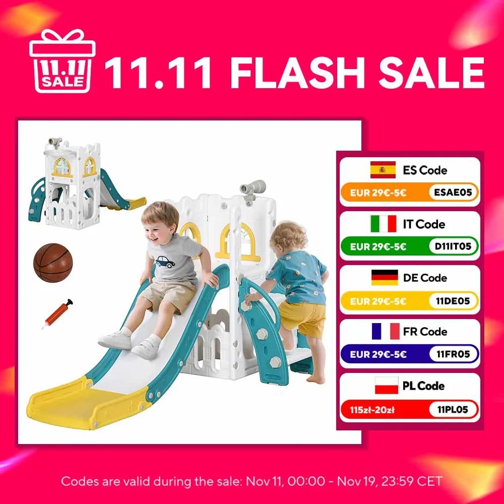 Tobogán Infantil 4 en 1 con Aro de Baloncesto Telescopio Escalador y Cesta Inferior para Interior Amarillo y Verde