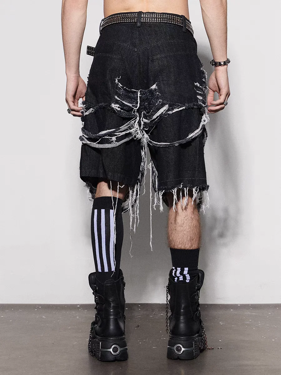 Summer American Sle Men's ort Jeans Casual Worn out Design Aborigine Culture Knife Cut Five Parts Loose Fit Straight Leg