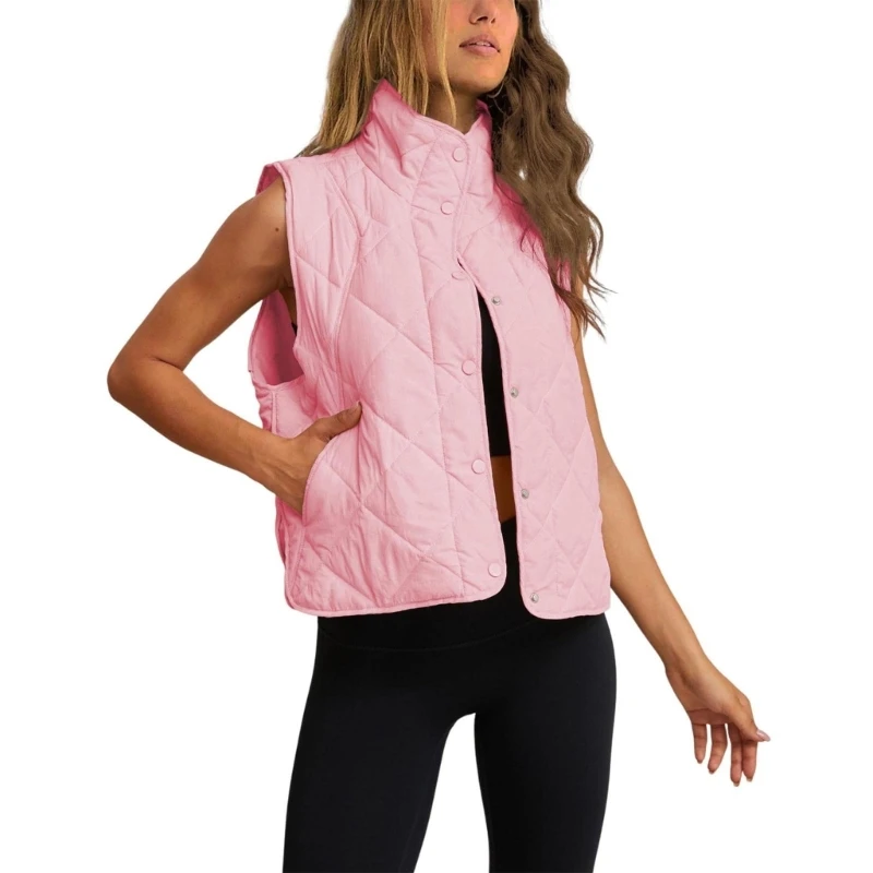 Gilet trapuntato da donna, gilet imbottito leggero con bottoni, gilet senza maniche con tasca invernale autunnale