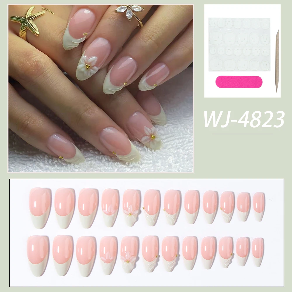 24pcs Almond 3d gel nails Whale pattern Decorate with Pearl blue French Tip Press On Nails ，Ocean style, summer nails, travel view 6