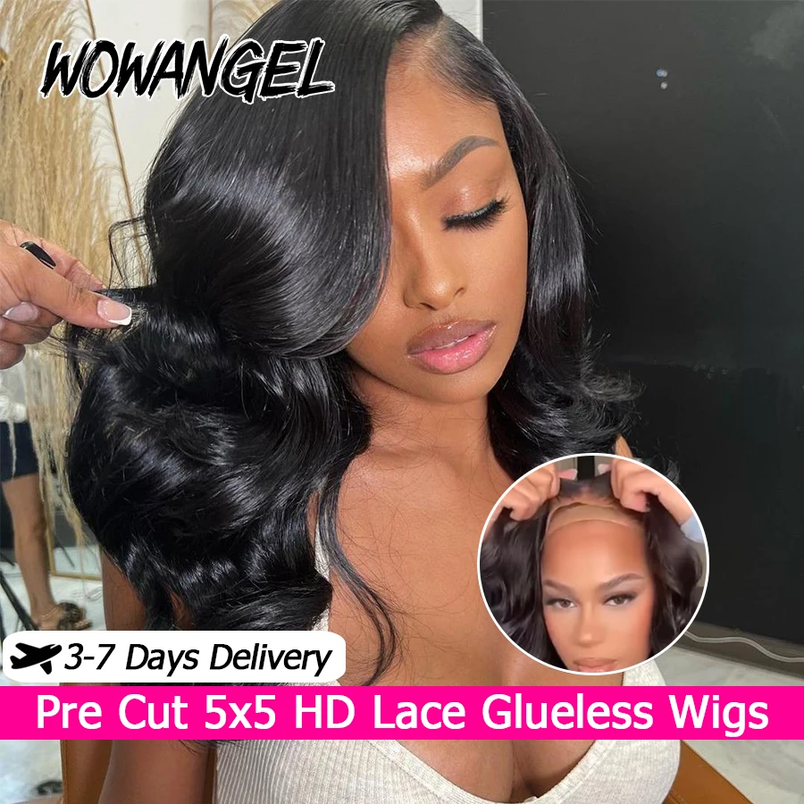 

WOWANGEL Pre Cut 5X5 HD Lace Closure Wigs Glueless Body Wave Short Bob Wigs 250% Human Hair Wigs Melt Skins Virgin Bye Bye Knots