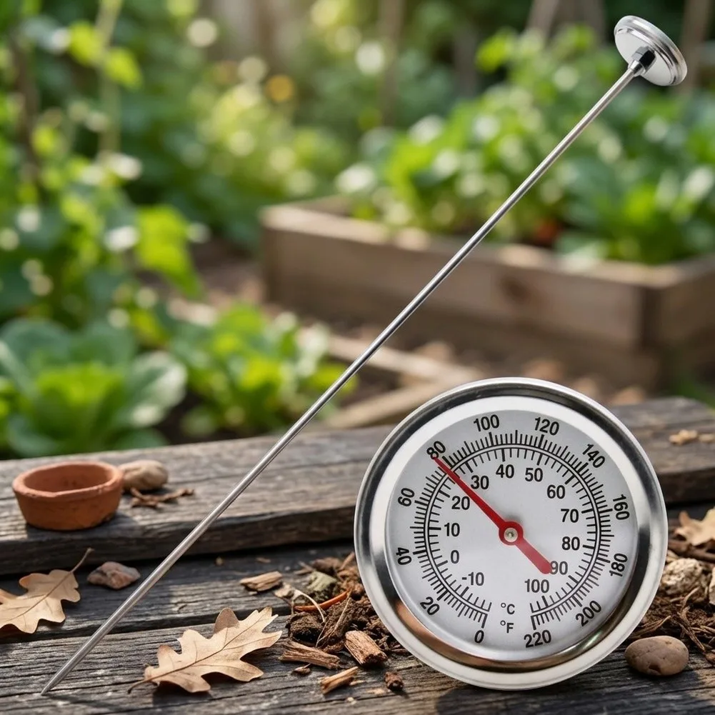 Stainless Steel Soil Thermometer Designed for Composting Processes and General Gardening with Dual-Scale Temperature Display
