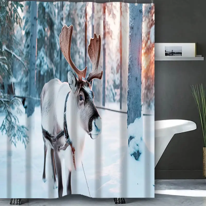 Merry Christmas Snowy Reindeer Bathing Curtain  Bathroom Shower Curtain Waterproof With 12 Hooks Home Deco  Free Ship