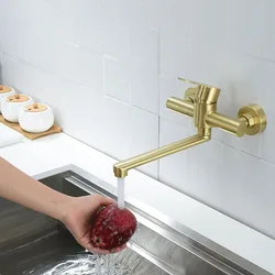 Grifo de cocina montado en la pared de oro cepillado, grifo de lavabo de baño y bañera, rotación de 180 °, mezclador de agua fría y caliente, fregona, grifo de piscina de doble orificio