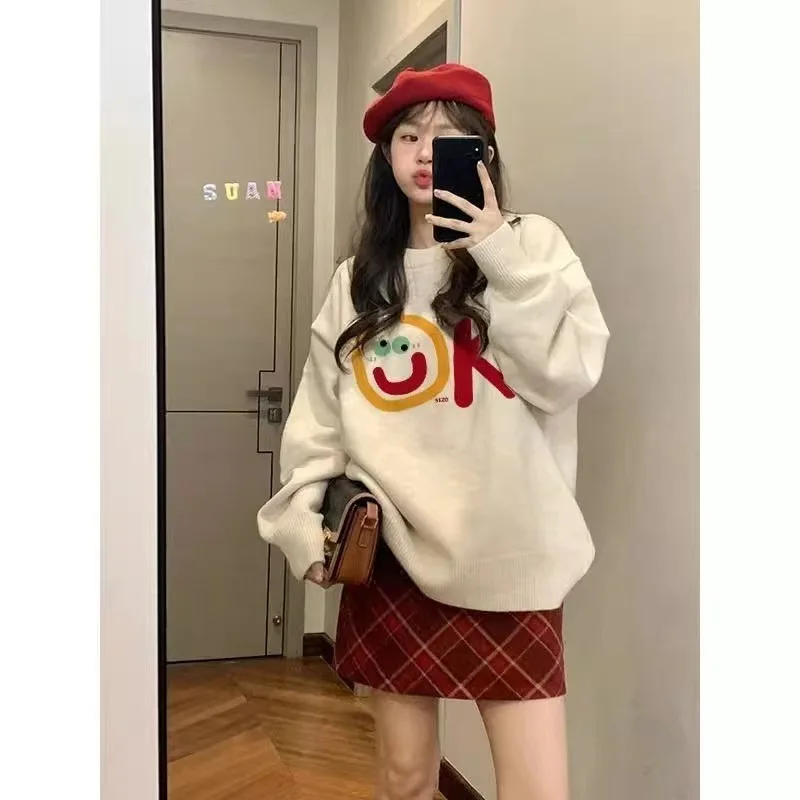 Design simples feminino eep camere longo sve redondo ne camisola de malha solta ajuste outono inverno novo sle quente topo