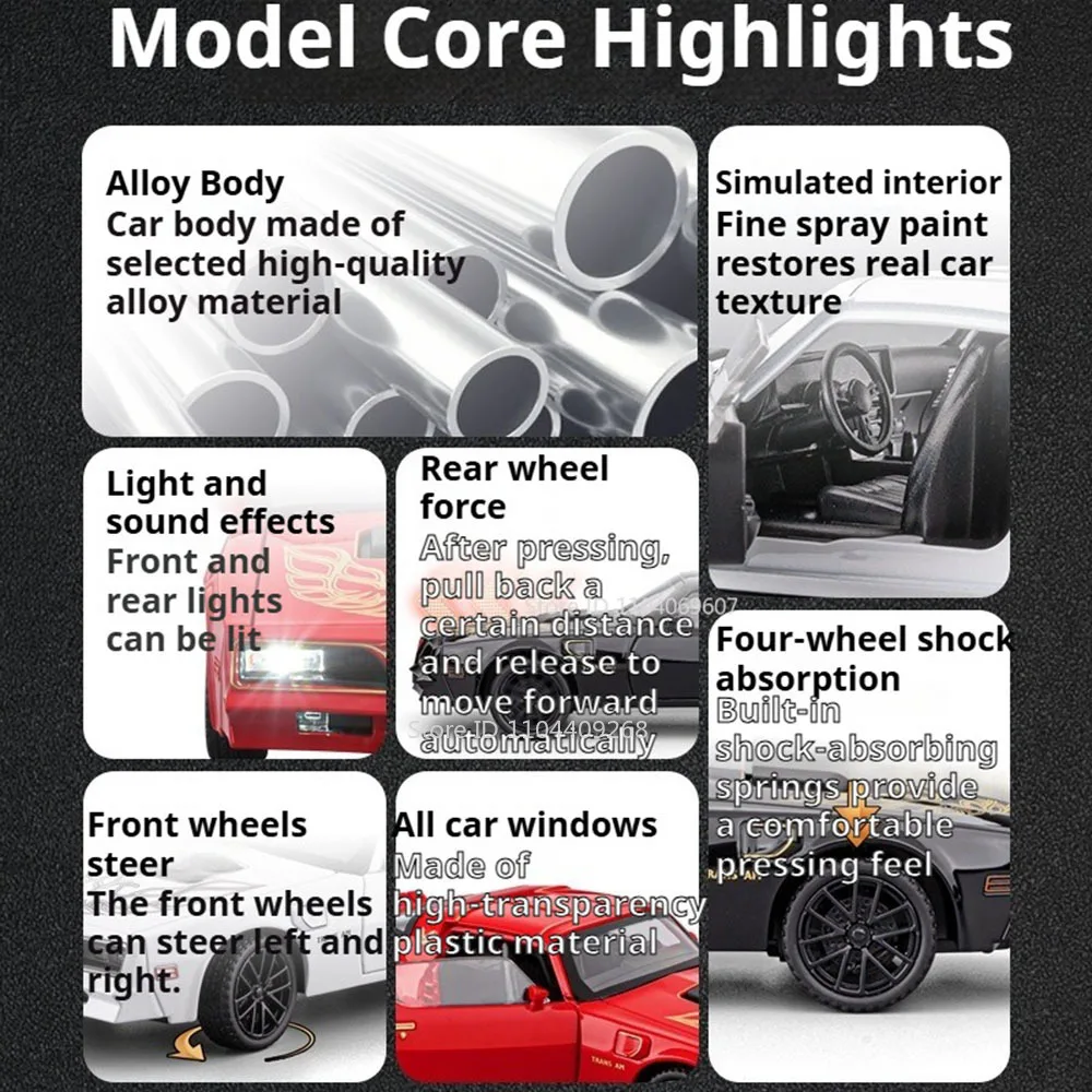 1:32 Firebird Viper Automodel Speelgoed Geluid Licht Trek Voertuigdeuren Geopend Legering Diecast Modellen Kinderen Collectible Ornamenten