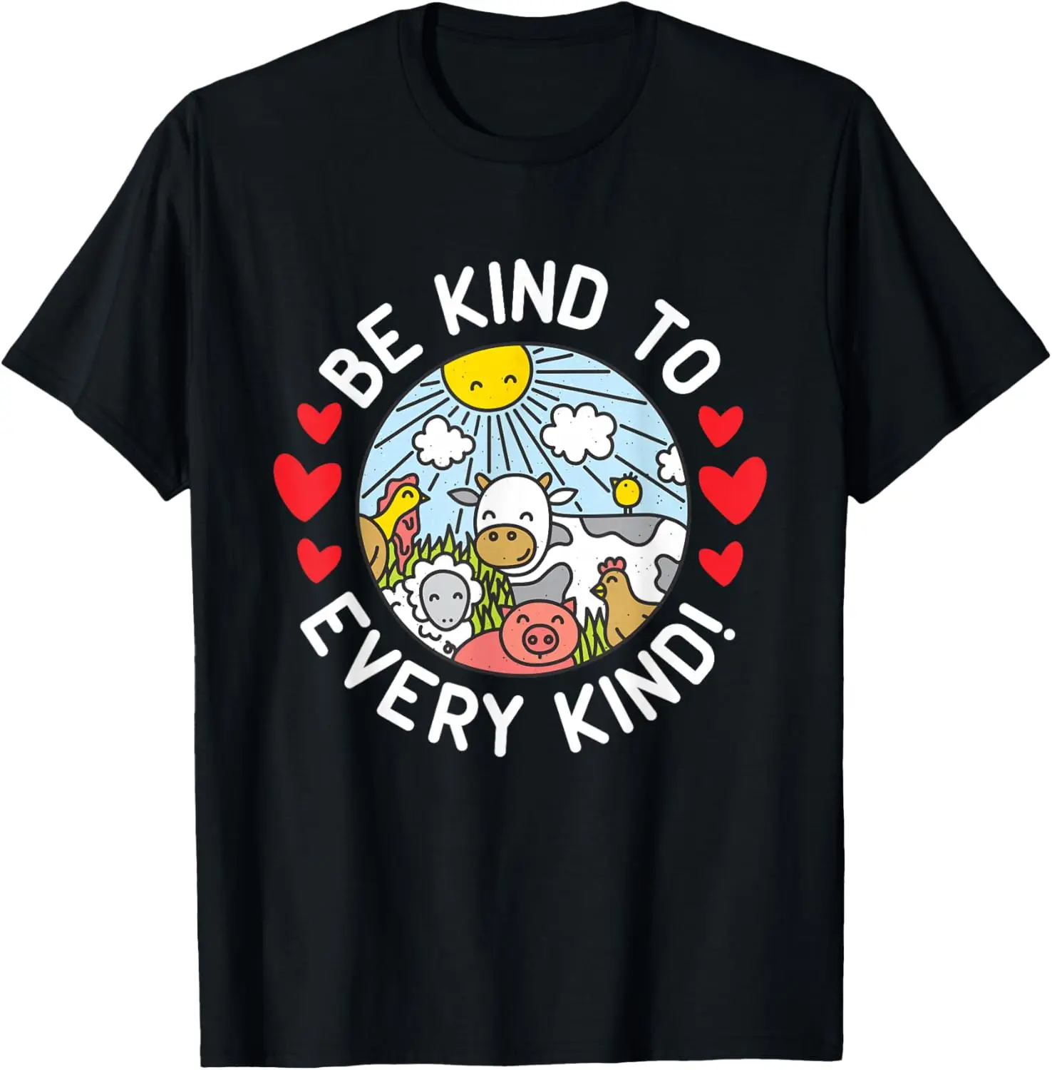 Be Kind To Every Kind Farm Animals Graphic Tee Cute Vegan Equality Short Sleeve T-Shirt