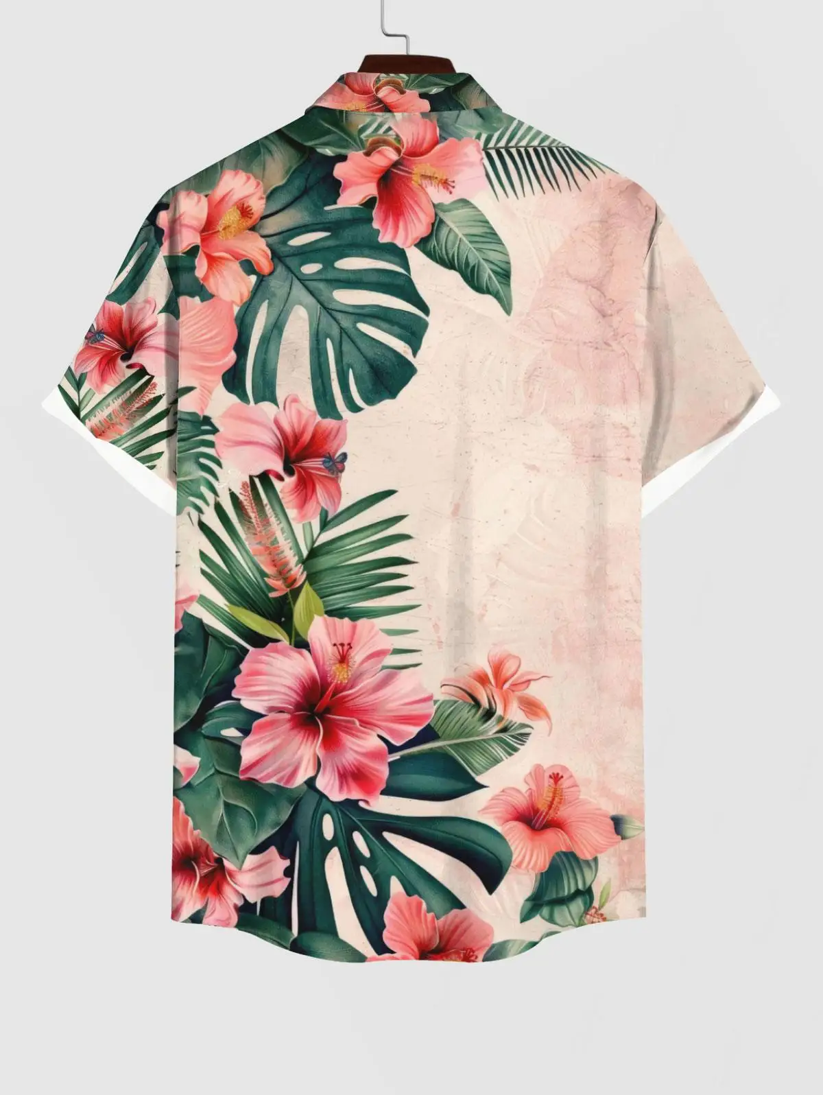 Camisa havaiana com estampa de flores e folhas tropicais de casal combinando Rosegal ou vestido midi plus size dividido em linha A