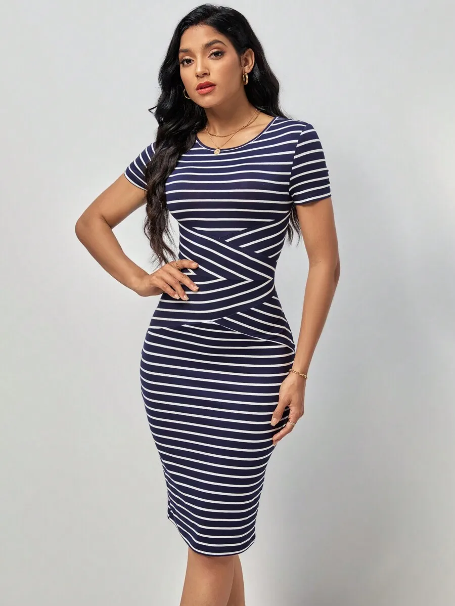 

Navy and White Striped Bodycon Dress with Diagonal Panel Design