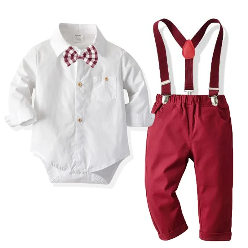 3-24 Months Christmas Outfit for Baby Boy Solid 4 PCS Cotton Set Infant Child Spring Autumn Long Sleeve Birthday Party Costume