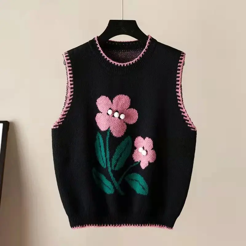 Flower Knitted Design Sense Horse Jacket 2023 primavera e autunno New Women\'s Fashion girocollo Pullover Top senza maniche