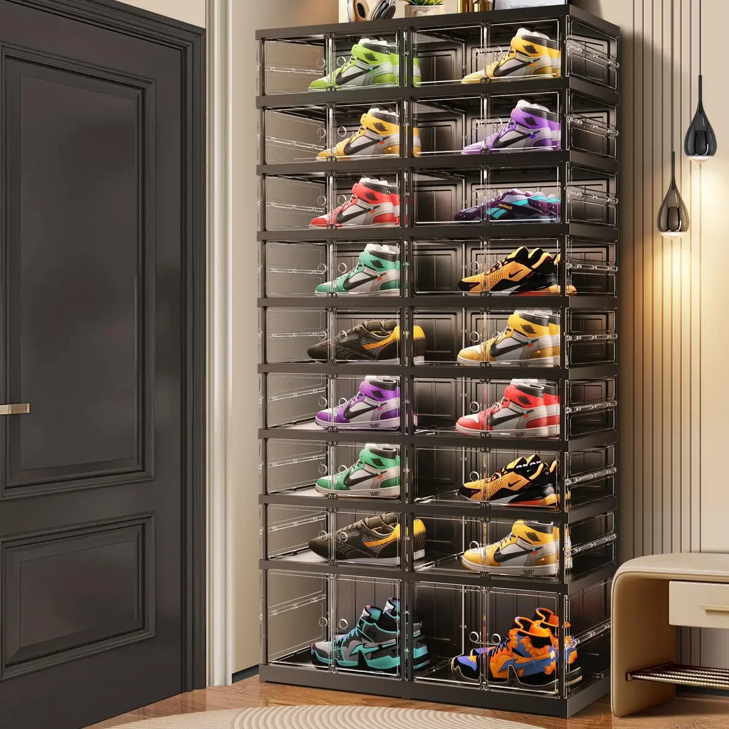 9-Tier Foldable Shoe Rack, Magnetic Clear Doors, 36 Pairs, Black | Collapsible Large Plastic Shoe Cabinet, Stackable, Lidded, To