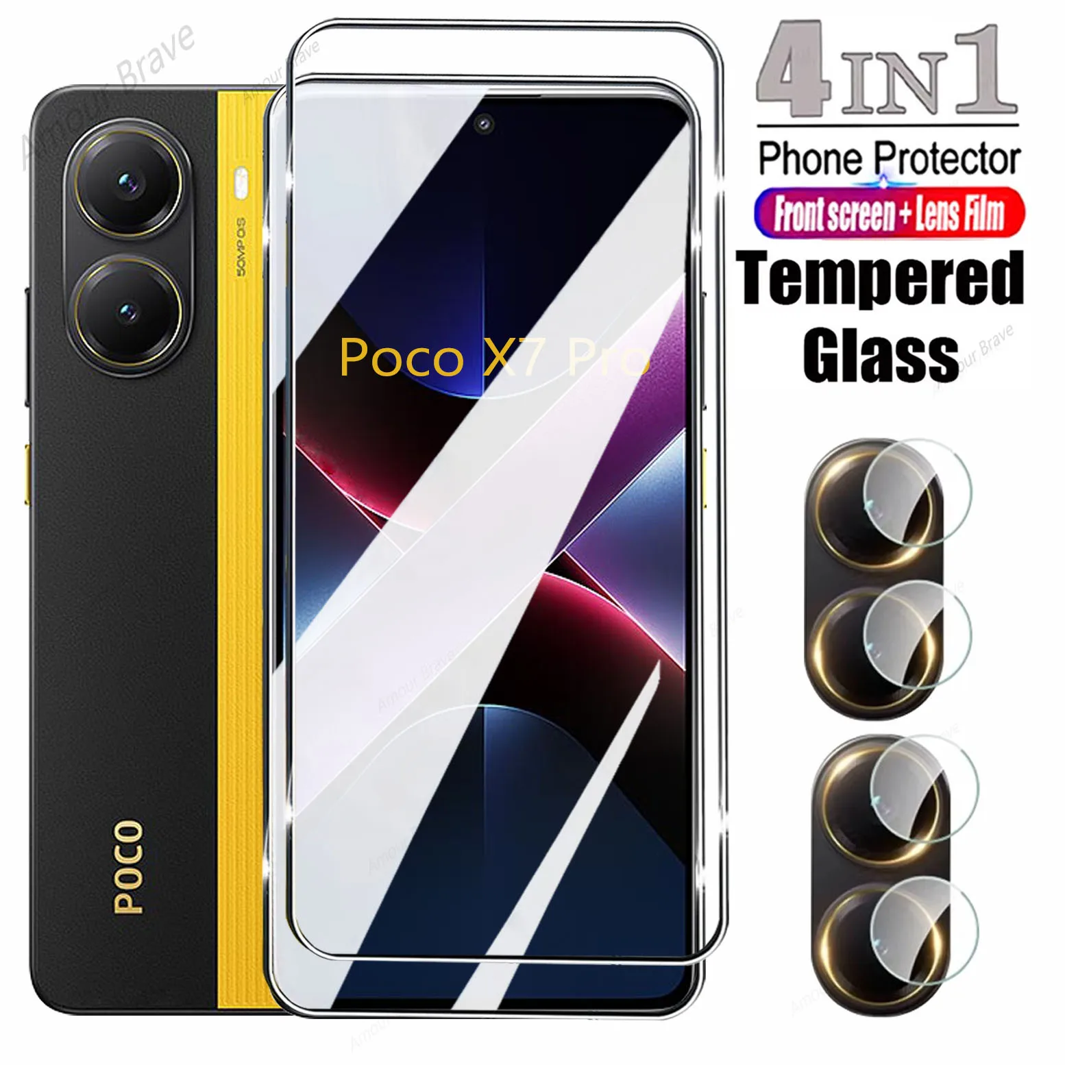 4IN1 الزجاج المقسى ل Poco X7 Pro F6 F5 F4 GT X5 F7 Pro X4 GT X3NFC M6 M5S M3 M4 C65 حامي الشاشة ل Poco X6 Pro 5G الزجاج