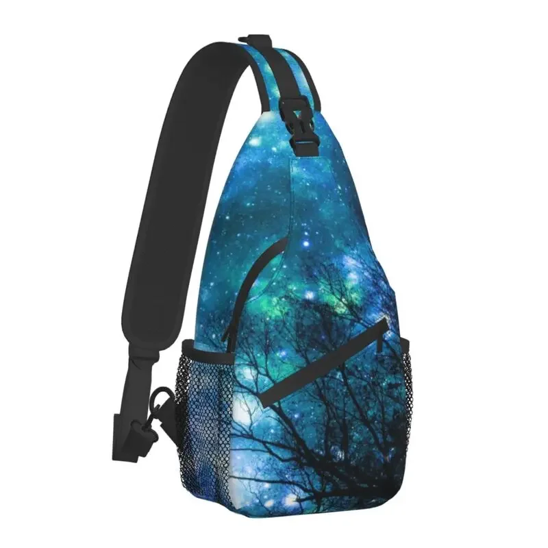 Black Trees Blue Space Galaxy Sling Chest Bag Custom Nebula Night  Sky Crossbody Shoulder Backpack for Traveling Daypack