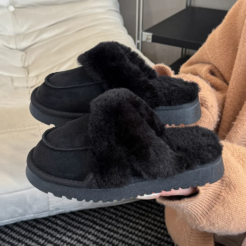 الفراء الشقق نعال من القطن أحذية خفيفة أنيقة الجلد المدبوغ الشتاء الثلوج الأحذية 2025 العلامة التجارية الجديدة الراحة فستان Slingback المنزل Mujer بوتاس