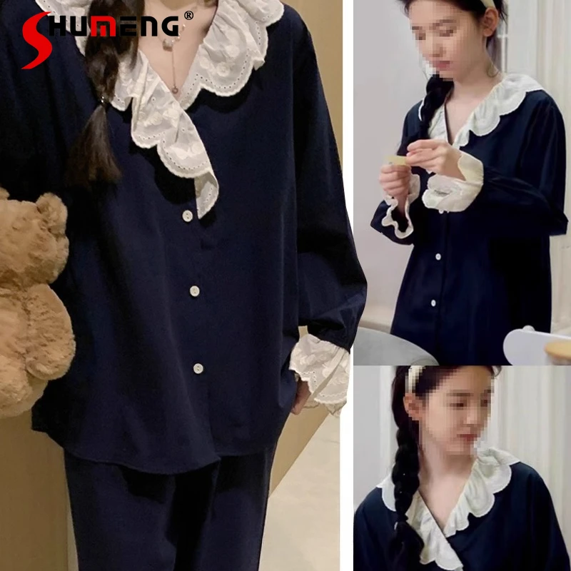 Wiosenno-jesienne japońskie słodkie piżamy damskie z koronką i falbankami, komplety do spania z długim rękawem, damskie komplety domowe z czystej bawełny i lnu.