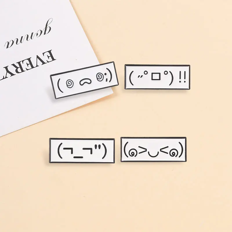 Creative Japanese Kaomoji Brooch Cartoon Simple Black White Expression Metal Badge Funny Casual Commute Gift Pin DIY Clothing