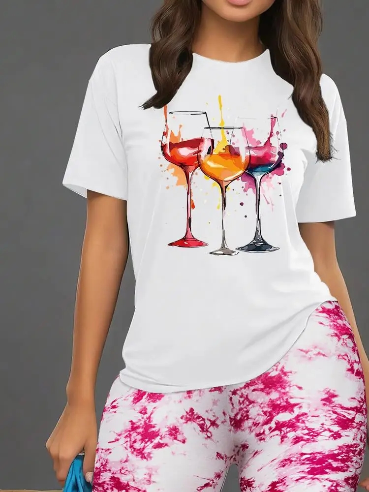 

Colorful Tall Cup Printing Tshirt Set Women Fashionable Street Comfortable Cotton T-Shirt- Polyester Elastic Floral Shorts Sets