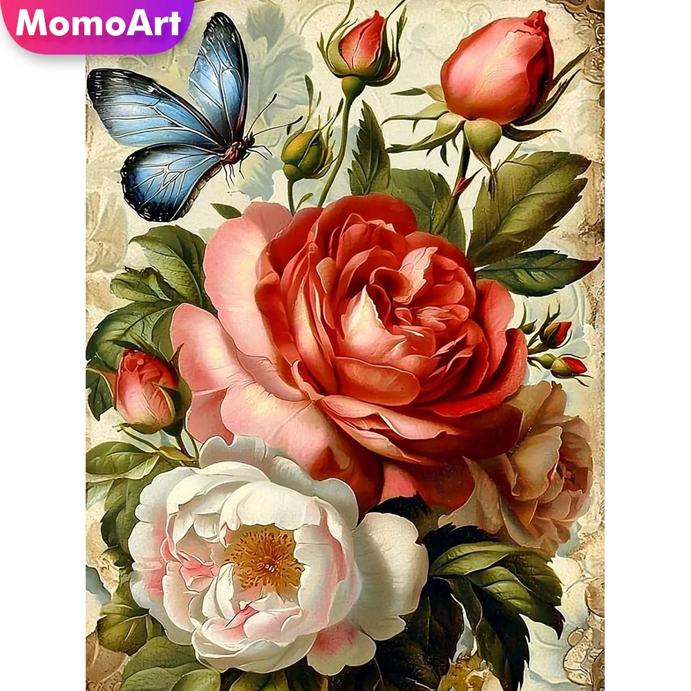 Momoart Blumen-Diamant-Stickerei Pfingstrosen-Gemälde DIY Bild Strass Vollquadratisches Diamant-Mosaik Schmetterling Heimdekoration