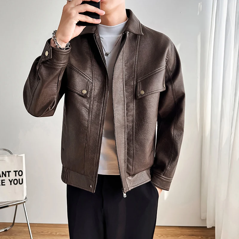 

Осень-зима, роскошная кожаная куртка, мужская повседневная универсальная мотоциклетная куртка 2025 года, модные ветрозащитные деловые кожаные куртки