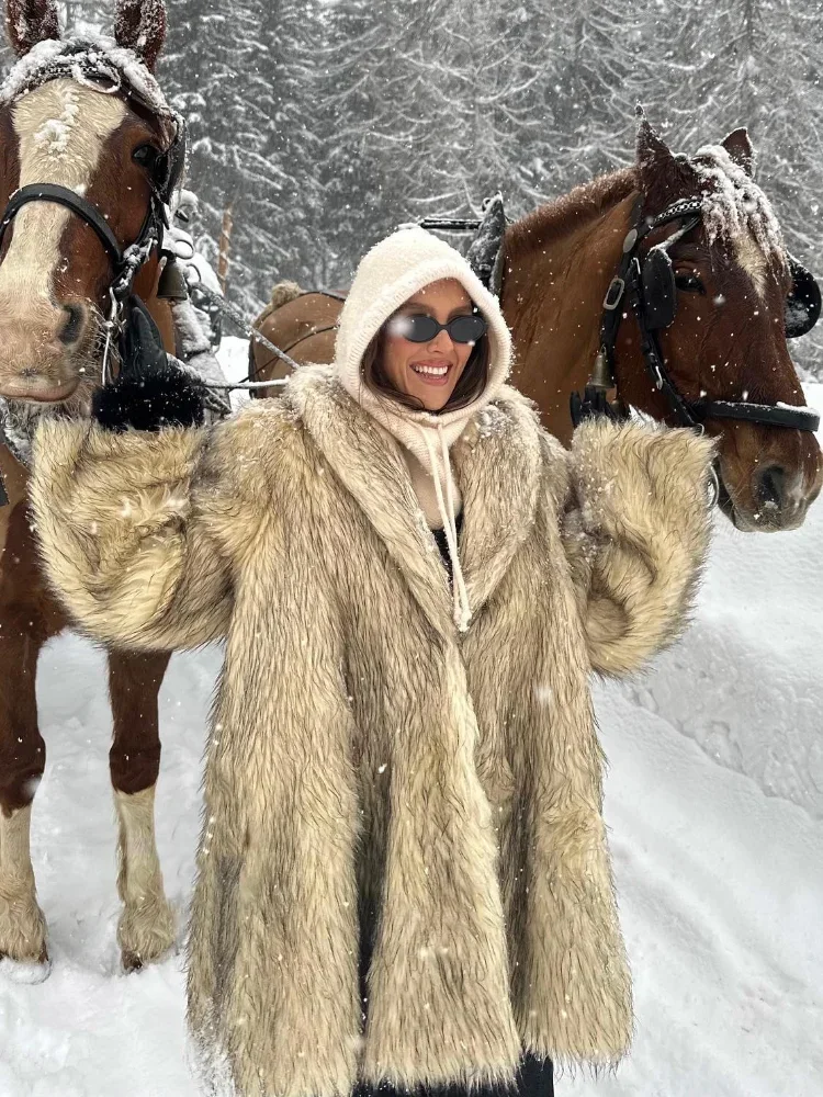 

Luxury Faux Fur Women Jacket Vintage Lapel Long Sleeve Casual Furry Coat Soft Solid Thick Warm Coats 2024 Winter New Streetwears