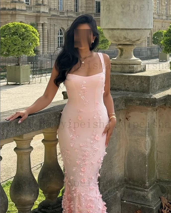 Personalizado gola quadrada sereia vestidos de noite cinta espaguete vestido de festa 3d flores lantejoulas rendas apliques longo vestido de baile