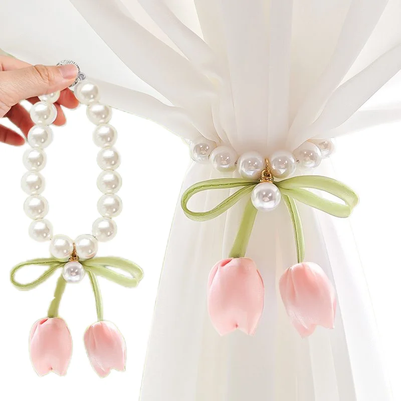 Pearl Magnetic Curtain Tiebacks, Light Luxury Premium French Tulip Flower Decorative Straps for Sheer Curtains