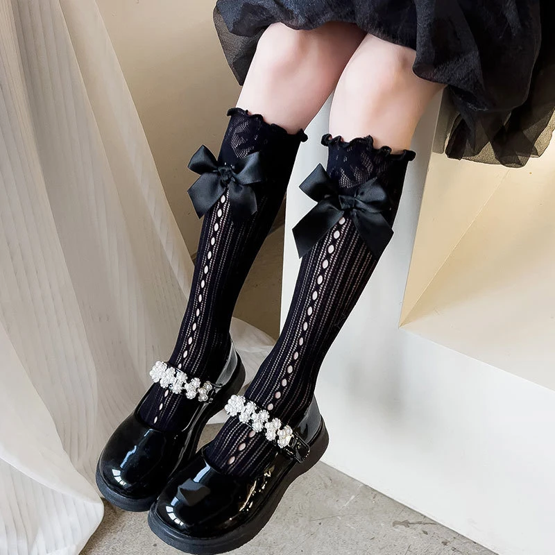 Calcetines hasta la rodilla de encaje para mujer, medias de pantorrilla de encaje con lazo lindo, calcetines de princesa para niñas, accesorios de disfraces para estudiantes de Lolita