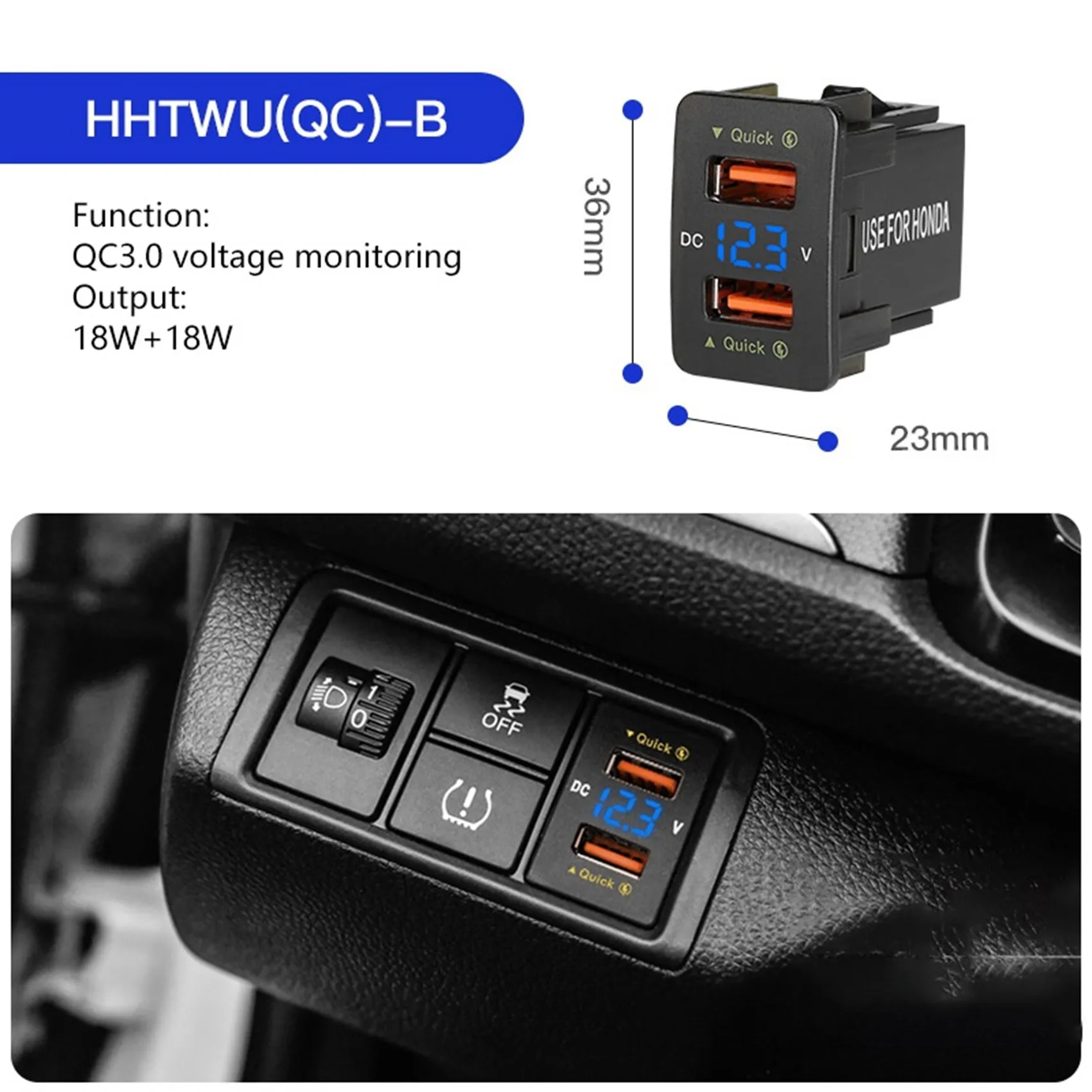 36W Fast Car Charger QC3.0 Dual USB Fast Charger with Blue Voltage Waterproof Mobile Phone Charger for Honda