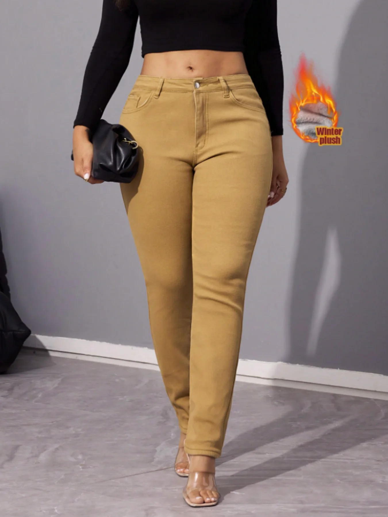 High Waist Slim Fit Khaki Stretch Cuffed Cropped Pants Winter Warm Leg Shaping Daily Commute Versatile Women Fleece Lined Denim