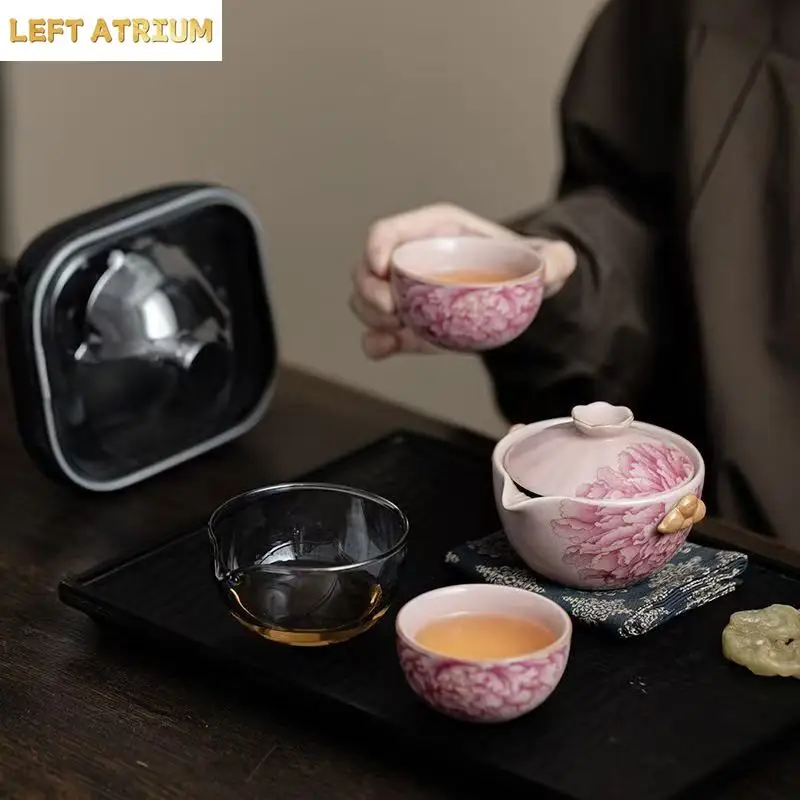 Antique Ru Kiln National Color and Natural Fragrance Travel Tea Set Outdoor Camping Portable 1 Pot 2 Cups Express Cup Simple Tea