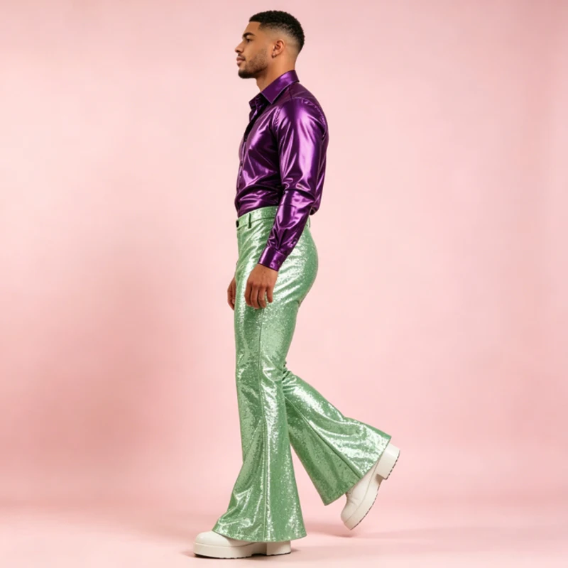 Men's Sequin Flare Pants High Waist Sparkly Bell Bottom Trousers Shiny Glitter Stretchy Breathable for Stage Performance Party