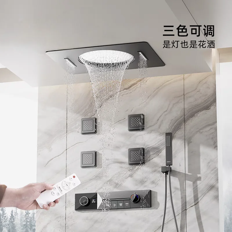 Concealed copper shower head in family bathroom, embedded ceiling lighting in bathroom, Bluetooth digital display screen