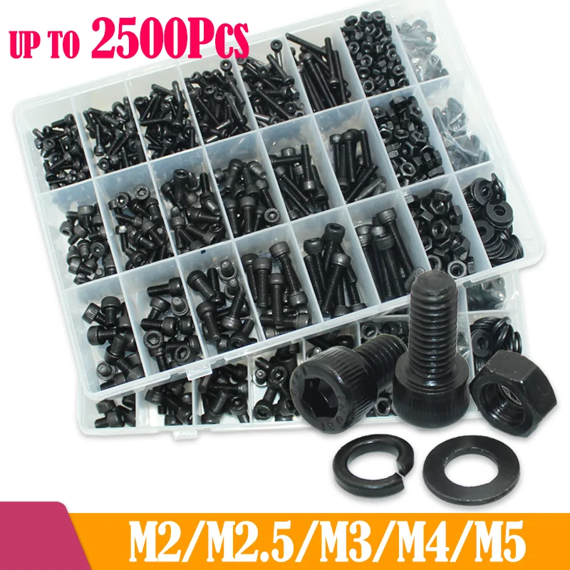 

2500p Hex Socket Head Screws Set M2 M2.5 M3 M4 M5 M6 DIN912 Black Grade 12.9 Allen Screw Nut Steel Button Head Socket Cap Bolts