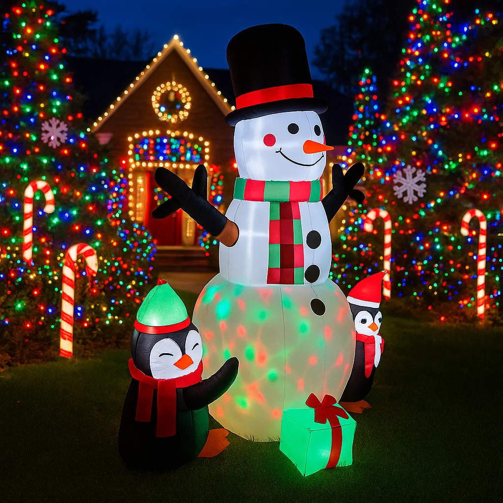 5.9FT Snowman Penguins Gift Box Inflatable Christmas Decorations Xmas Ornaments Lights Home Yard Holiday Outdoor Holiday Decor