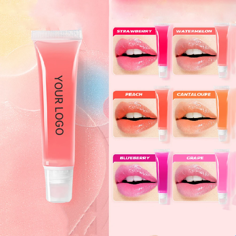 6-color Private Label 12ml Lip Oil Custom Logo Hose Tube Moisturizing Fruit Lipgloss Plumper Long-lasting Natural Lips Makeup