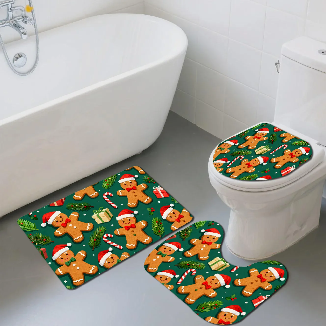 3‑Pieces Christmas Gingerbread Man & Candy Cane Bathroom Mat Set, Decor Rug Kit With Toilet Lid Cover & U‑Shaped Mat