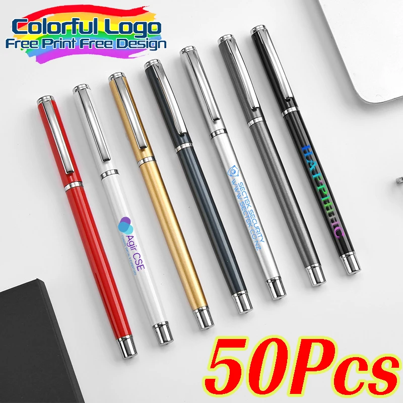 

50 шт., роскошная металлическая гелевая ручка на заказ, персонализированная красочная рекламная ручка с логотипом, школьные и офисные ручки для подписи, подарочная поставка