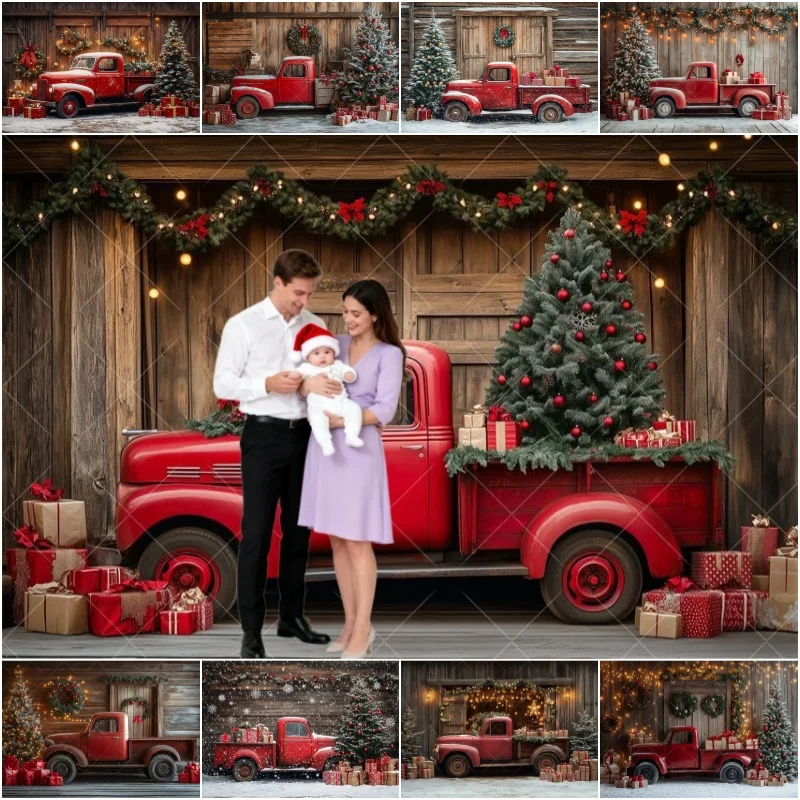 Winter Christmas Vintage Truck Photography Background Night Snow Wooden Wall XMAS Tree Baby Portrait Indoor Shoot Backdrop Decor