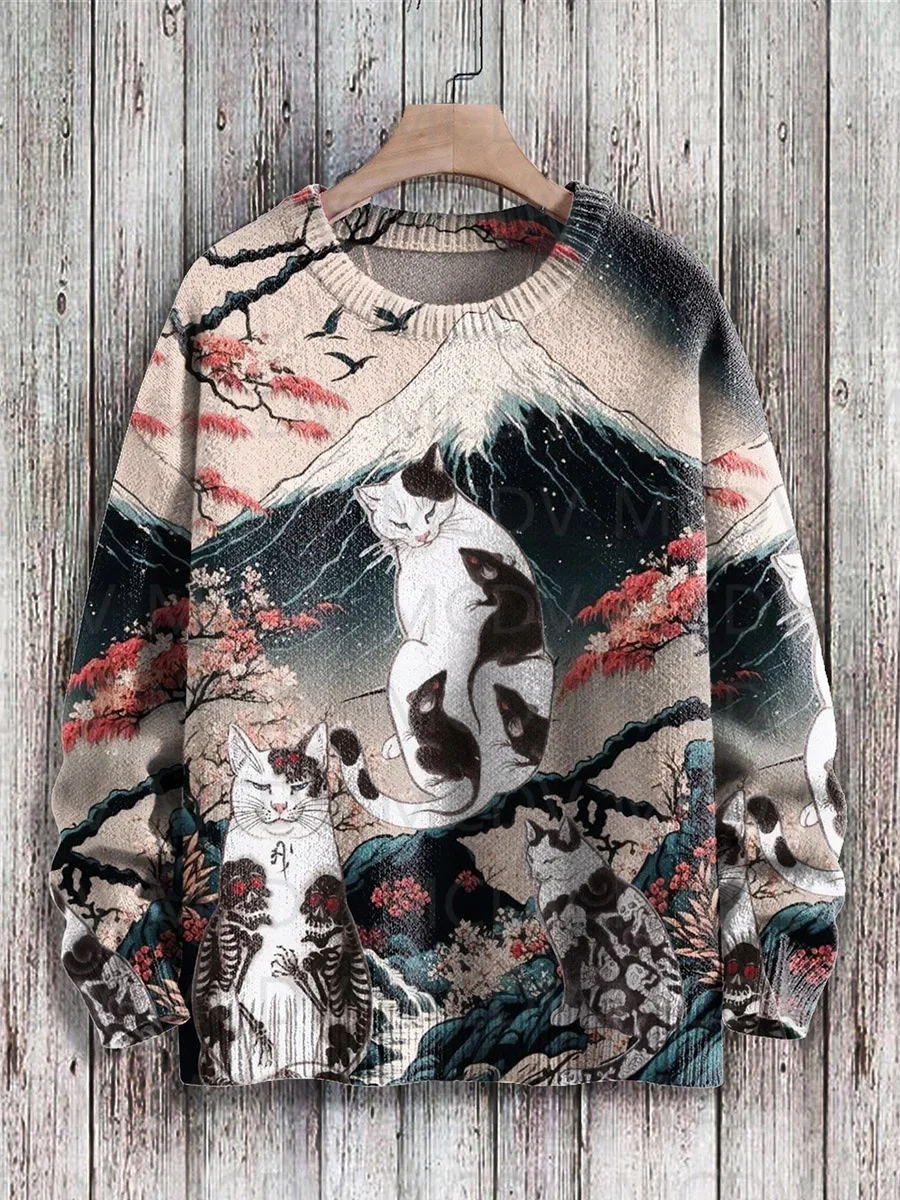 Retro Japanese Style Painting Cat Art Casual Print Knit Pullover Sweater Women For Men Sweater